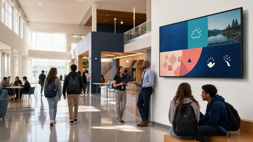 Students and staff moving through a connected school commons