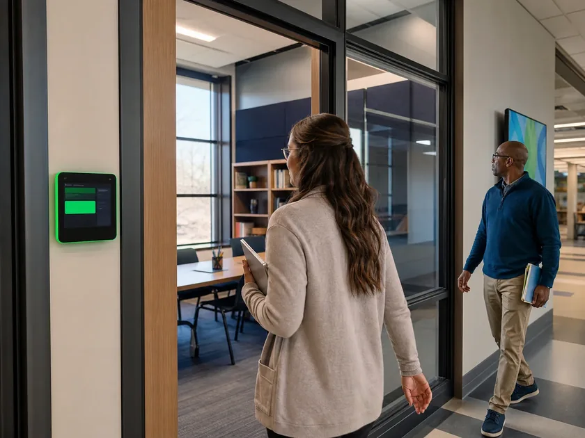 A K12Cast room scheduling panel mounted outside a school conference room