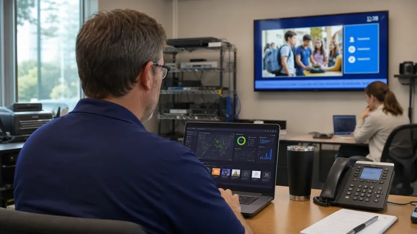 A school technology director monitoring digital displays from a laptop