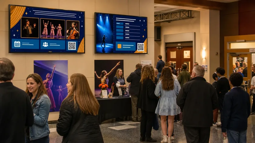 School performing arts displays promoting an evening production